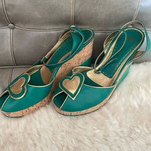 Stylish Leather Green and Gold Wedge High Heel Sandals Sz 10